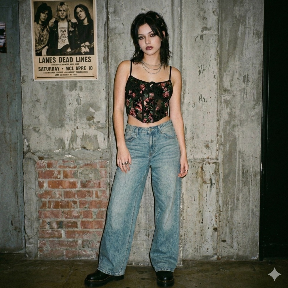 Tic Toc Black & Pink Floral Velvet Burnout Whimsigoth Goth Gorpcore Corset Top M